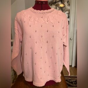 Pastel Pink Cotton Eyelet & Rose Sweater Soft Vintage Charm, Size L 100% cotton